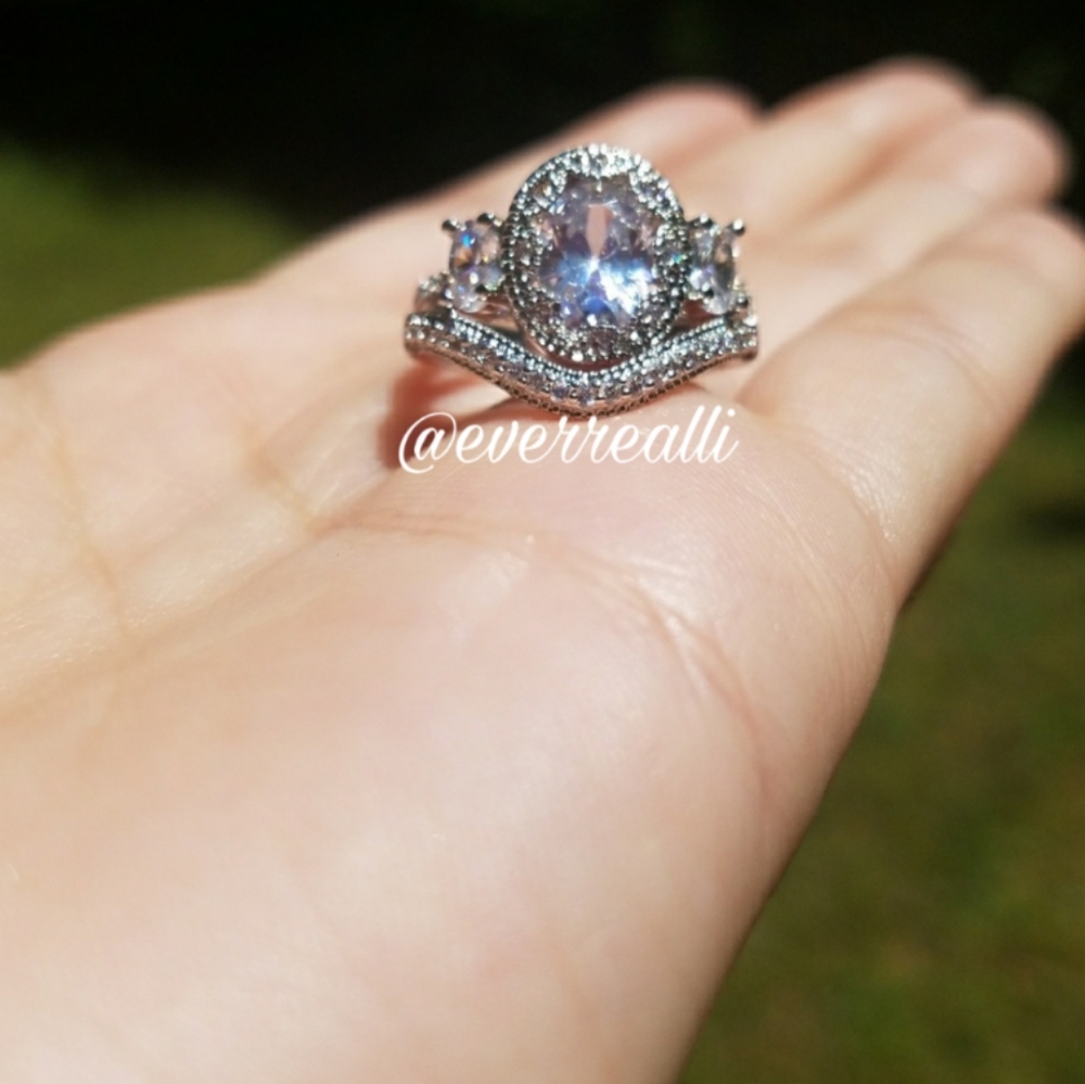 Silver Three Stone Oval Cut Fancy Halo Diamond Ring - Picture 6 of 8